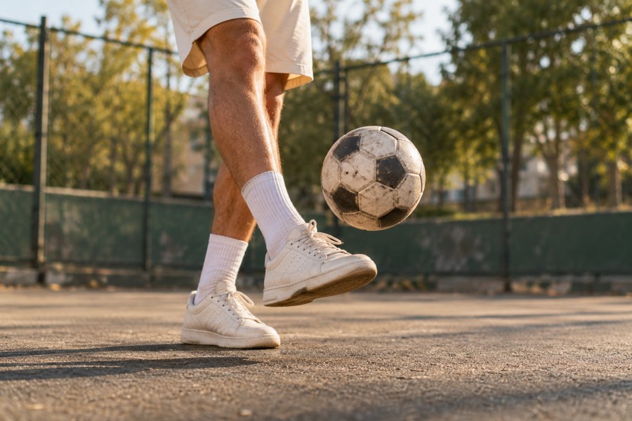 A football just above a white trainer during a juggling session